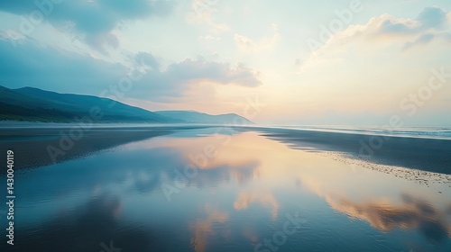 Serene coastal sunrise reflected in tranquil waters.