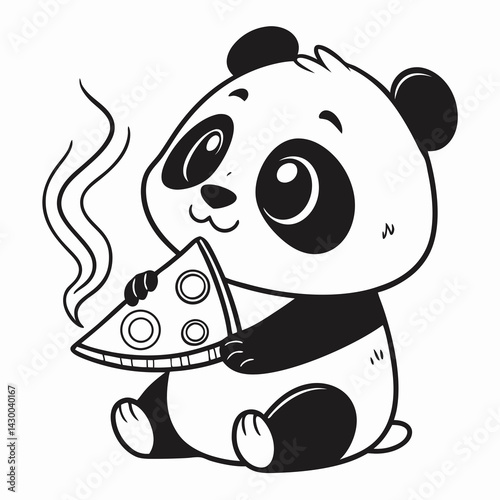 Adorable Cartoon Panda Enjoying a Pizza Slice Black and White Illustration