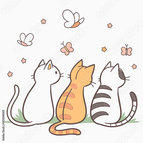 Adorable Minimalist Cartoon Cats Watching Butterflies Cute Rear View Illustration