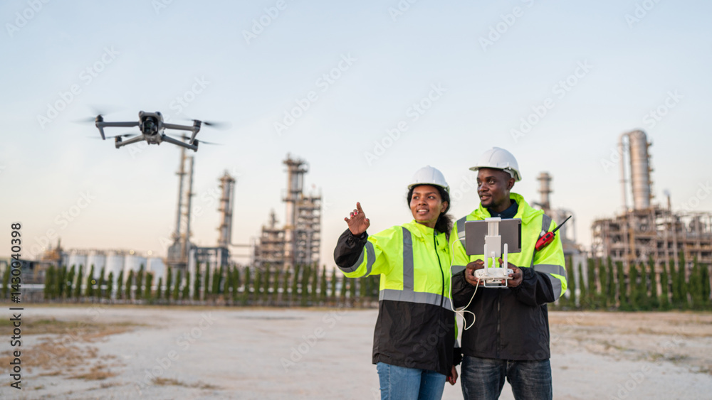 custom made wallpaper toronto digitalEngineer Specialists Pilot Drone on Construction Site. Architectural Engineer and Safety Engineering Inspector Fly Drone at industrial plant.