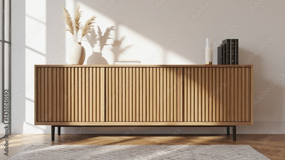 Light-filled room showcasing a modern wooden buffet.