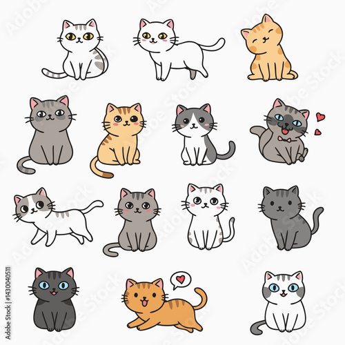 Adorable Collection of Cute Cartoon Cats Illustrations of Kittens in Various Poses