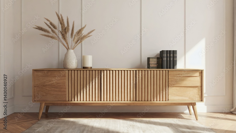Light-filled modern living room with wooden sideboard.