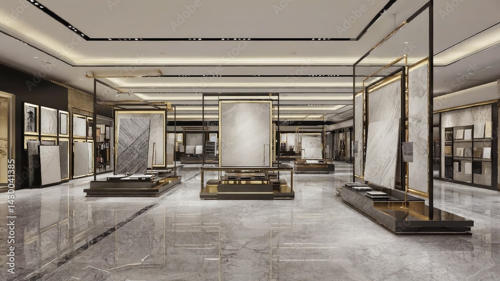 Modern tile showroom displays various ceramic and stone surfaces.