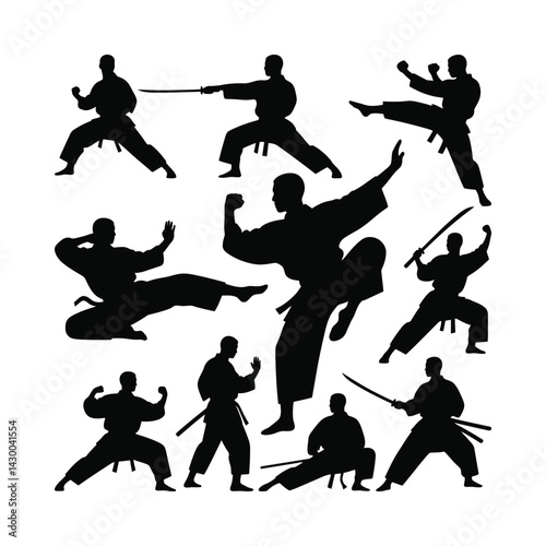 Martial Arts Silhouette Vector Set Karate Kickboxing Fighter Poses
