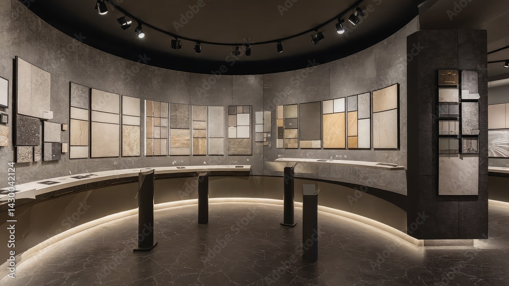 Modern, circular showroom displays various stone and tile samples.
