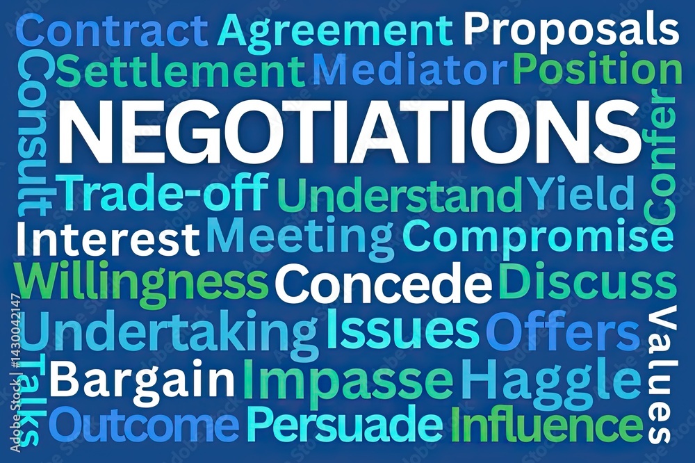 Negotiations Word Cloud on Blue Background Negotiations Word Cloud on Blue Background