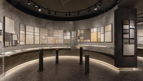 Obraz na płótnie Modern, circular showroom displays various stone and tile samples. w salonie