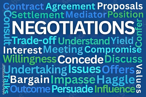 Negotiations Word Cloud on Blue Background