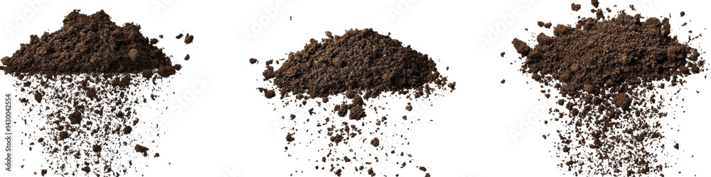 Three distinct piles of rich brown soil for gardening, landscaping, or agricultural use, showcasing texture and quality. on transparent background Three distinct piles of rich brown soil for gardening, landscaping, or agricultural use, showcasing texture and quality. on transparent background