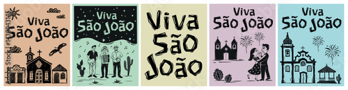 Collection of banners celebrating St. John's Day. Typical June festival in Brazil. For cards, prints, fabrics, patterns. Vector illustration in woodcut style..eps