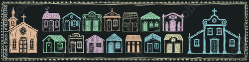 Collection of cute houses and churches in woodcut, lino cut style. Colored and editable. Vector illustration.eps