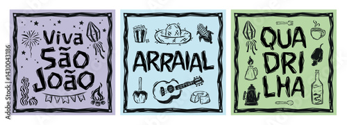 Festa de S?o Jo?o. Festa Junina posters, with isolated elements in the style of Brazilian cordel. Colorful and editable, for printing, fabric, banners.eps