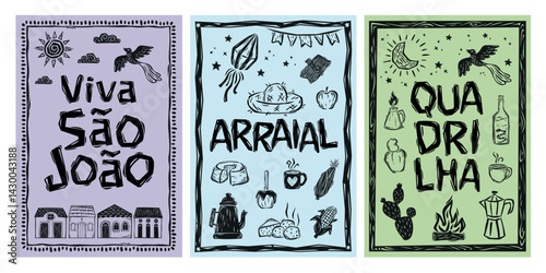June festival, a traditional Brazilian celebration. Posters with decorative elements such as food, flags, cacti, people and houses. woodcut style.eps
