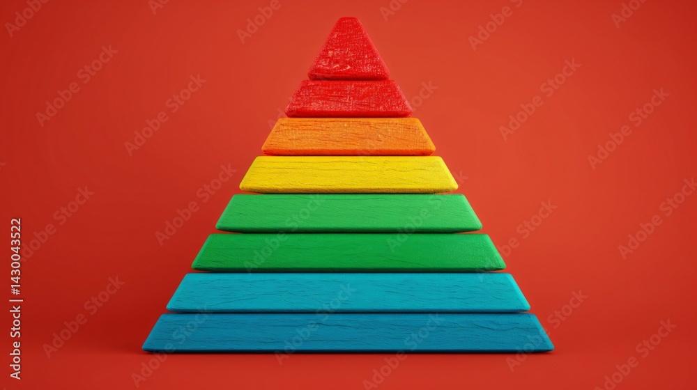 Colorful Wooden Pyramid Structure Rainbow Stacked Blocks Red Background Abstract Design Colorful Wooden Pyramid Structure Rainbow Stacked Blocks Red Background Abstract Design