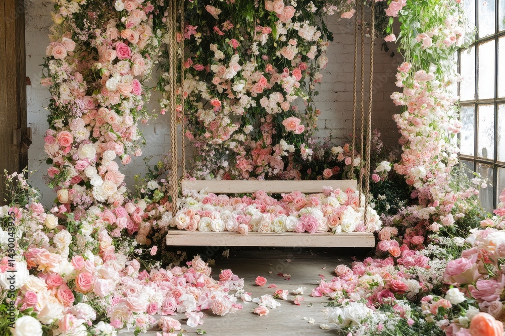 Naklejka premium A beautiful swing surrounded by a profusion of blooming flowers