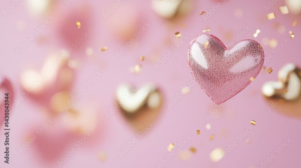 Fototapeta premium Floating Pink and Gold Hearts on a Soft Pink Backdrop for Love Themed Events and Valentine's Greetings