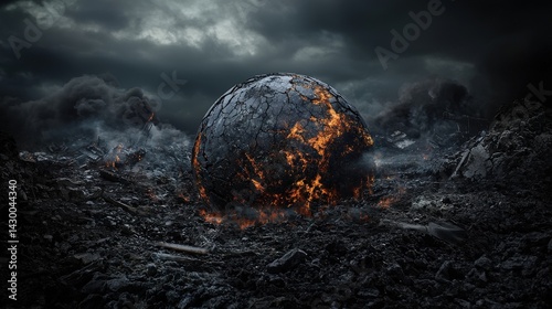Destruction revealed cataclysmic scene of a burning sphere amidst ashen ruins post-apocalyptic landscape dark atmosphere