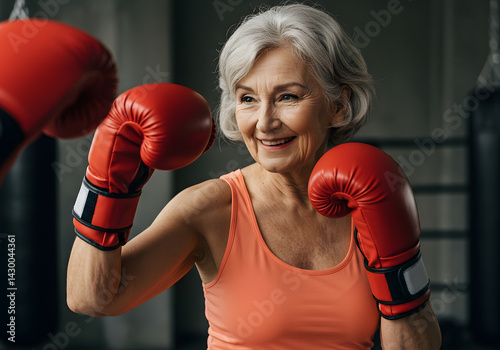 Senior Woman Boxing Training with Red Gloves, Smiling and Active at Gym, Exercise, Fitness Concept.
