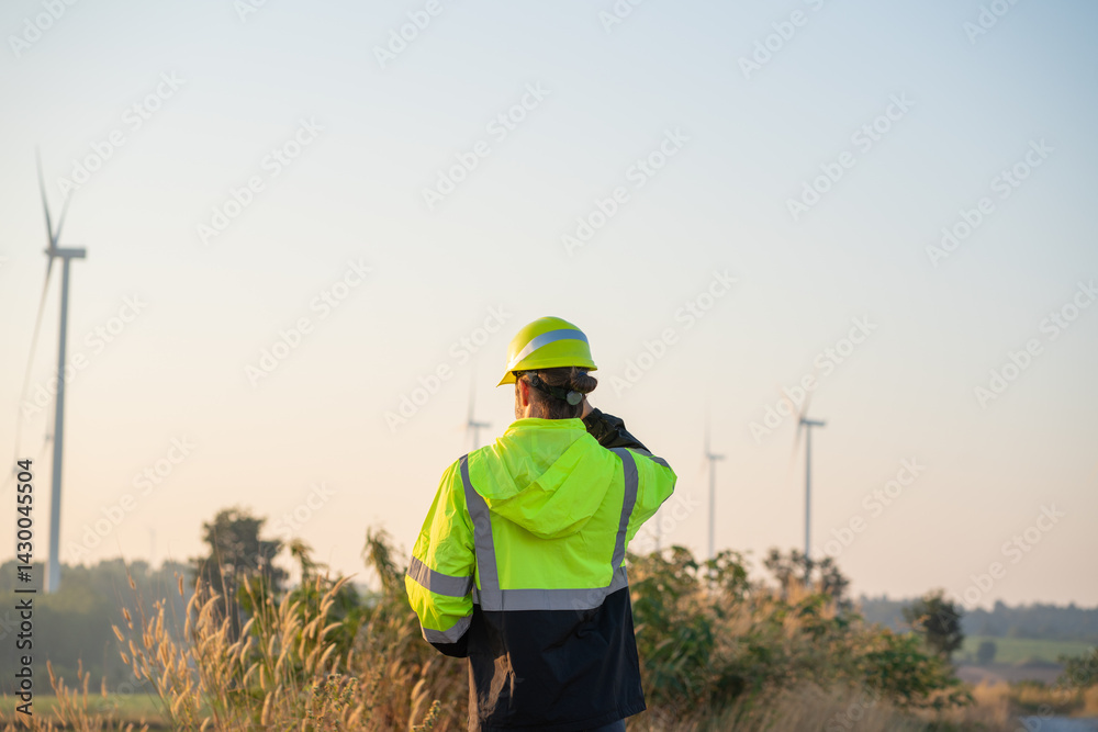 custom made wallpaper toronto digitalEngineer wearing uniform inspection and survey work in wind turbine farms rotation to generate electricity energy. Maintenance engineer working in wind turbine farm at sunset.