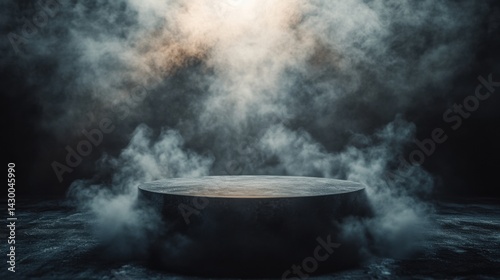 Black podium, dark smoke, lens flare, cinematic 