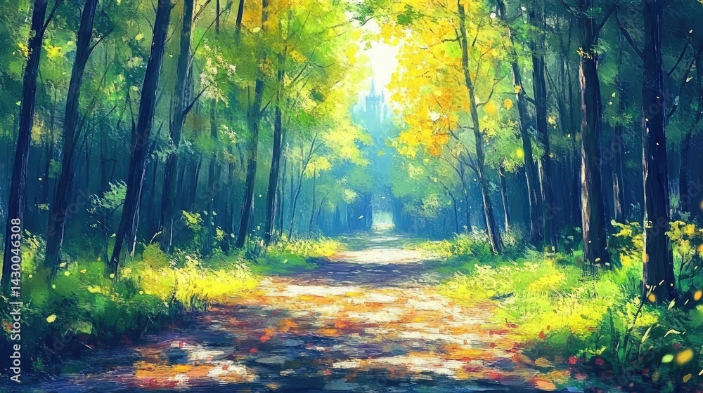 Sunlight streams through a vibrant autumn forest path. Sunlight streams through a vibrant autumn forest path.