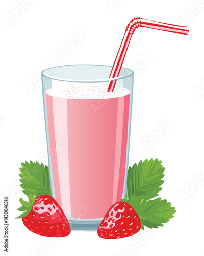 Strawberry Milk with strawberry - Vector Illustration