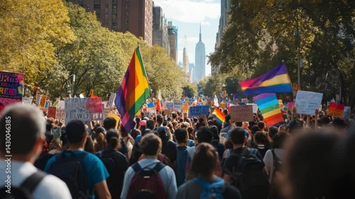 Pride March: A vibrant and diverse gathering of people march with colorful pride flags, united in solidarity and joy, with a sense of hope for the future, expressing their commitment to equality.
