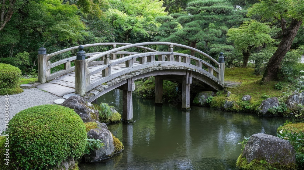 Fototapeta premium A wooden bridge spanning a tranquil stream, with moss-covered stones lining the water's edge.