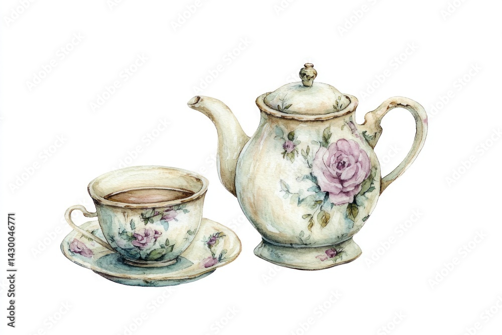 An elegant tea set consisting of a teapot and a teacup and saucer An elegant tea set consisting of a teapot and a teacup and saucer