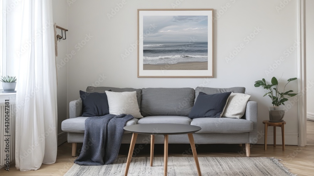 Fototapeta premium Tranquil coastal scene framed in a modern living room.