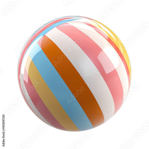 Colorful striped ball with pastel shades, suitable for beach or pool fun, evoking a playful and cheerful mood. on transparent background