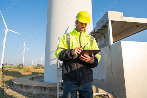 Engineer wearing uniform inspection and survey work in wind turbine farms rotation to generate electricity energy. Maintenance engineer working in wind turbine farm at sunset.