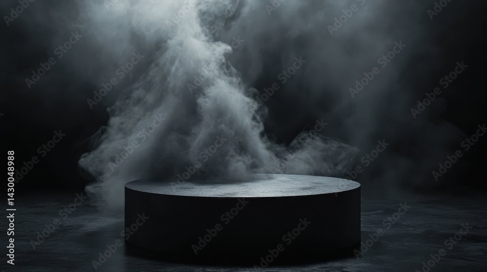 Black podium, dark smoke slowly dissipating, melancholic Black podium, dark smoke slowly dissipating, melancholic
