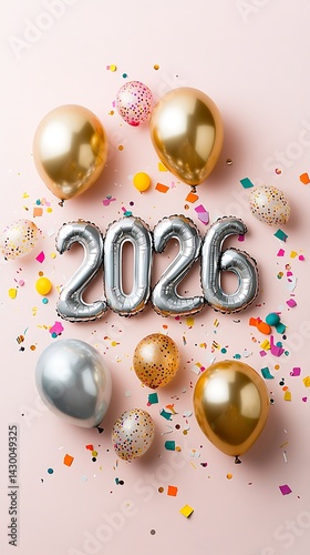Festive 2026 balloons with confetti on pink. Happy New Year!