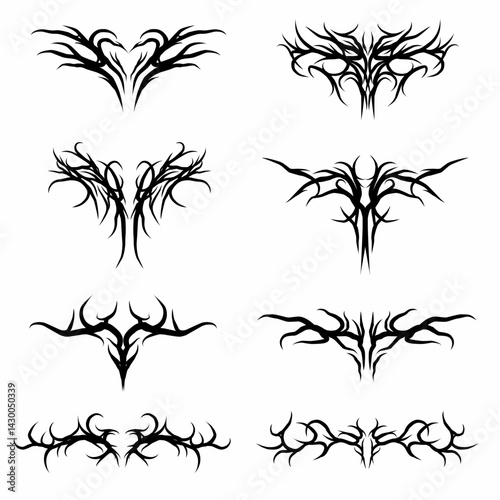 Neo Tribal Tattoo style Shapes elements. Cyber Gothic Y2k merch or Streetwear Vector Design. Tribal Metal Logo emblem