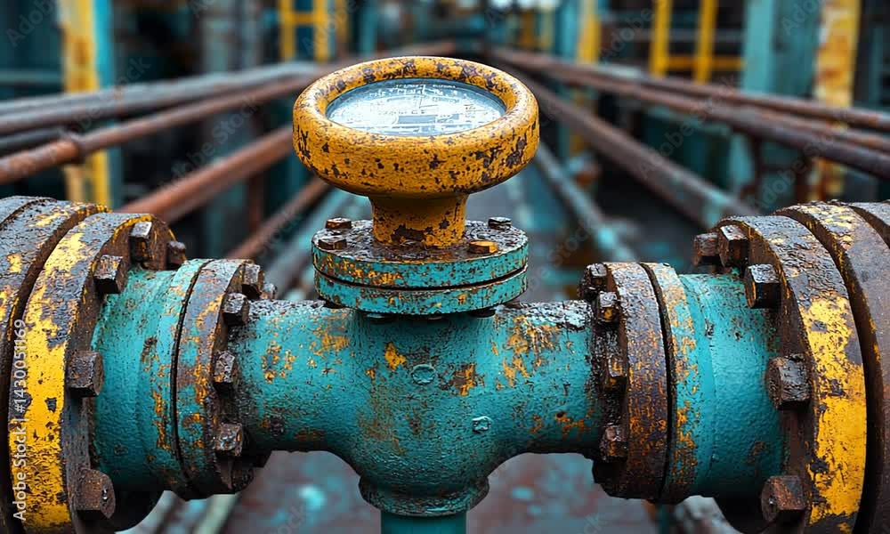 Close-up of a weathered industrial pipe with a gauge amidst rusty machinery in a factory