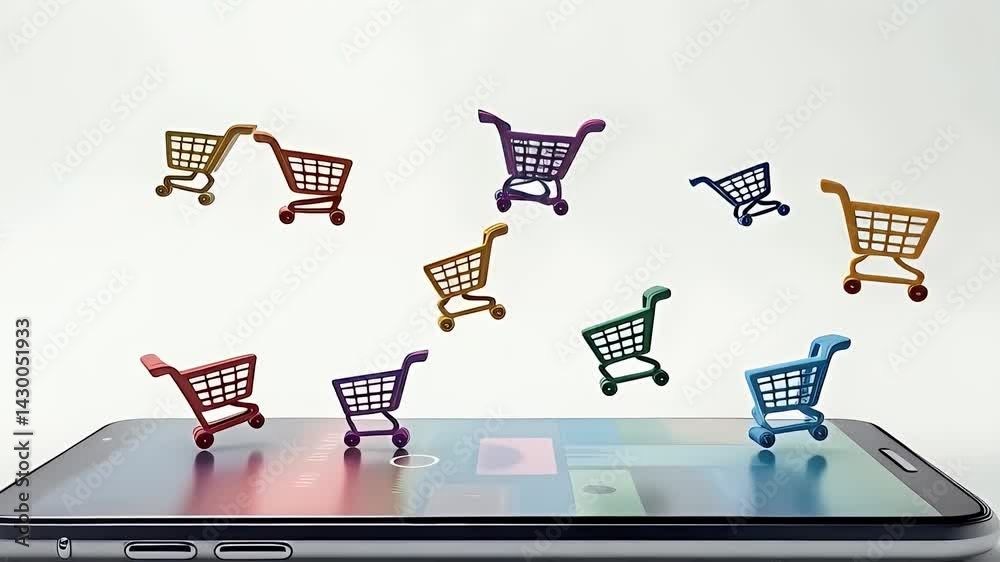 Digital rendering of a mobile device with shopping carts and discount tags hovering above the screen, symbolizing mobile e-commerce trends