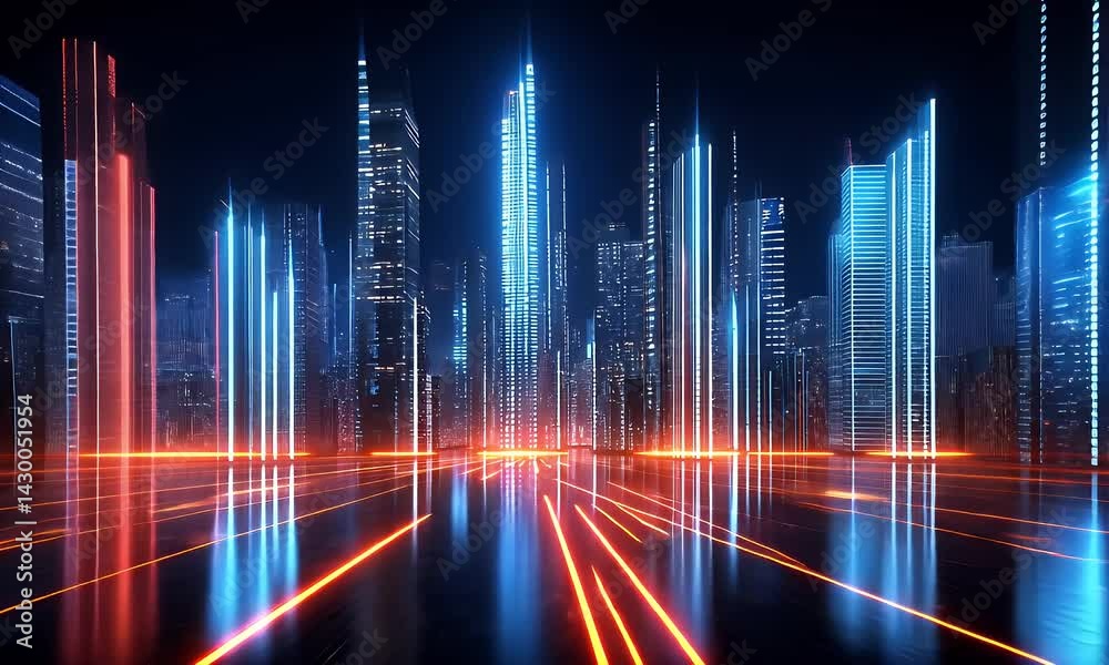 High-tech cityscape with glowing vertical light trails
High-tech cityscape with glowing vertical light trails