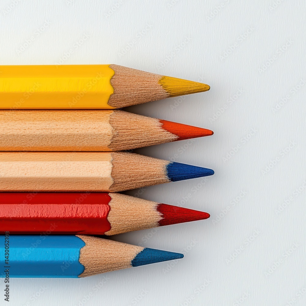 Fototapeta premium Close Up of Five Colorful Pencils on Light Gray Background
