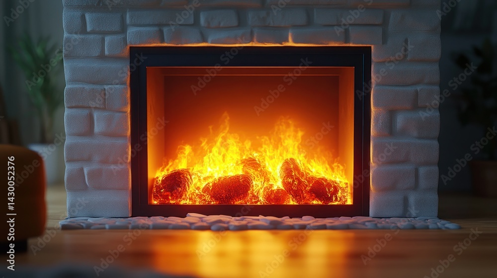 Fototapeta premium Cozy fireplace in a modern white brick wall