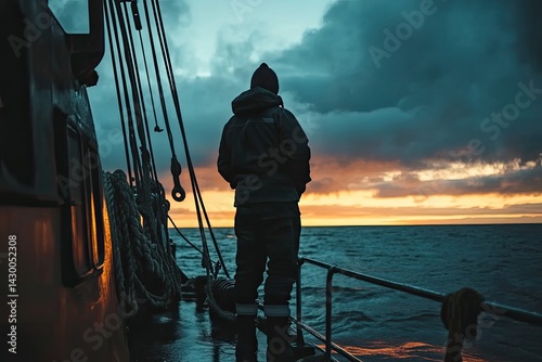 Portrait of an experienced sailor standing on a ship deck looking at the horizon.