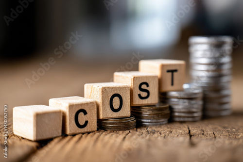 COST lettering on wooden blocks with stacked coins and a descending bar chart reflecting financial cost control, lower profits, inflation concerns, and economic downturn photo