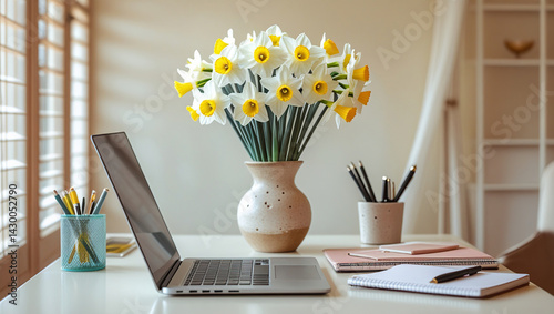 A blogger's workspace, with an elegant vase filled with a bouquet of fresh white daffodils on a wooden table surrounded by office essentials.
