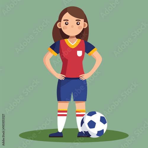 Soccer women, female football player with ball, isolated vector , high contrast illustration, front view 