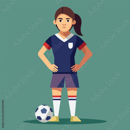 Soccer women, female football player with ball, isolated vector , high contrast illustration, front view 