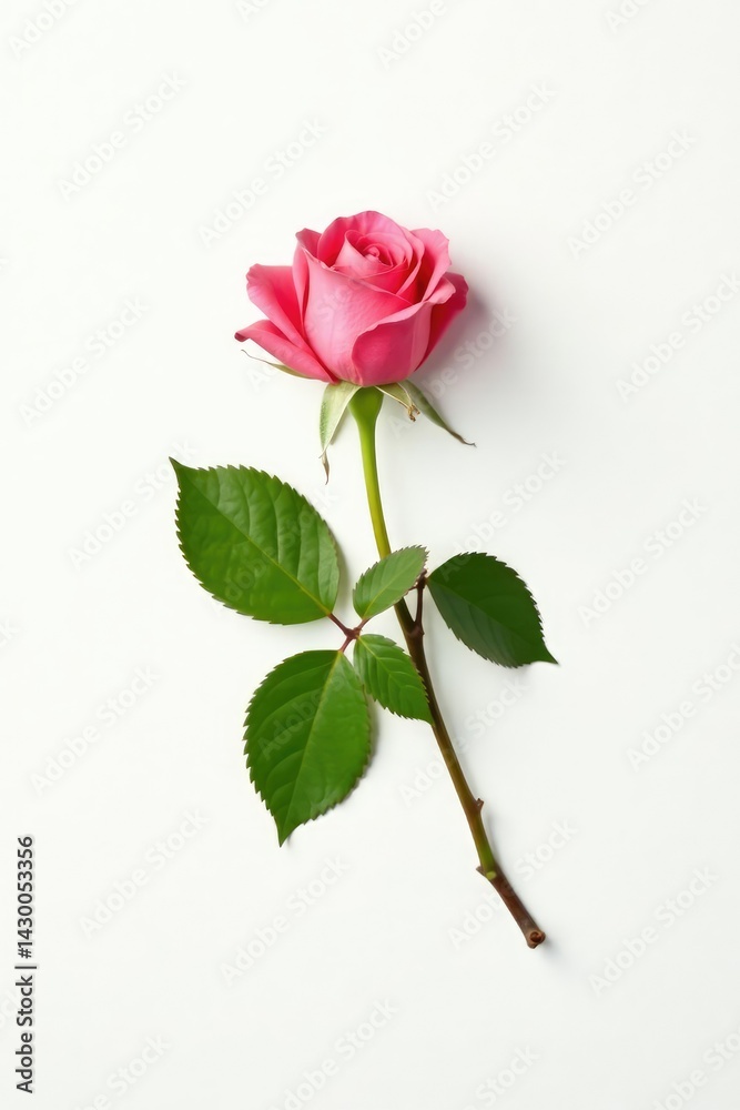 A single rose branch against a bright white background, foliage, greenery, flower A single rose branch against a bright white background, foliage, greenery, flower