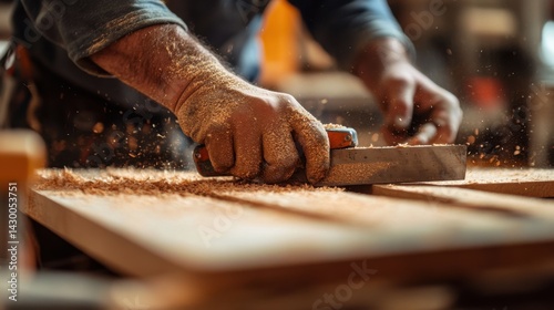 Carpenter cutting wood for a custom closet installation. Featuring precision and craftsmanship