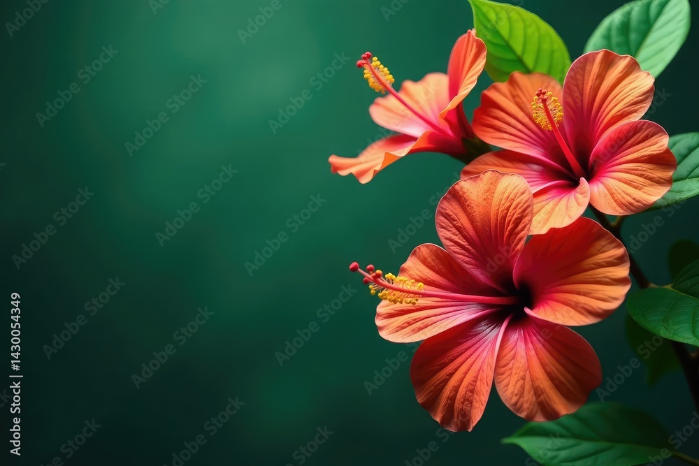 Fototapeta premium Bold tropical hibiscus blooms, vibrant green leaves, blossom, bold