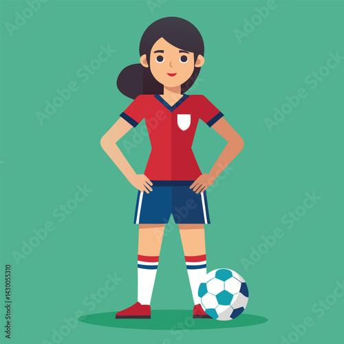 Soccer women, female football player with ball, isolated vector , high contrast illustration, front view 